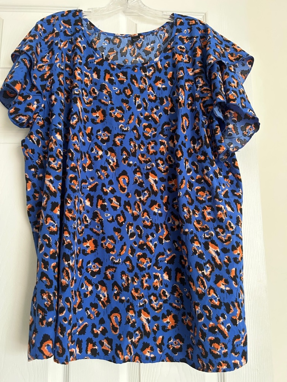 SHEIN Blue & Orange Leopard Print Flutter Sleeve Blouse